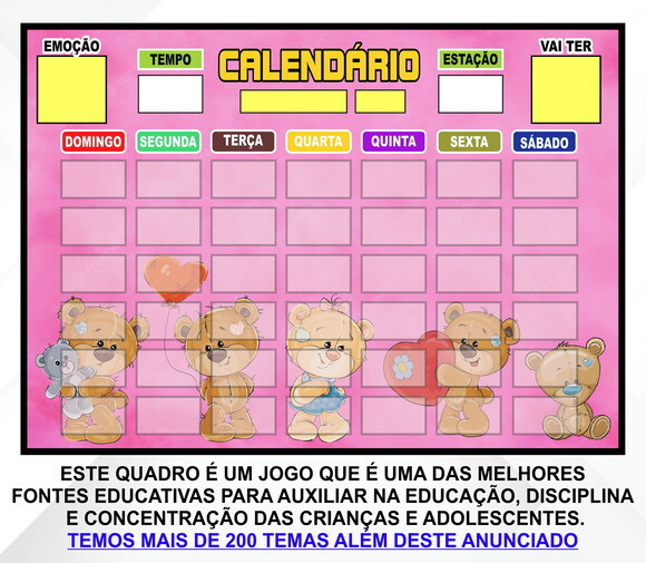 Calendário Montado Magnético Infantil - Ursinhos Dengosos
