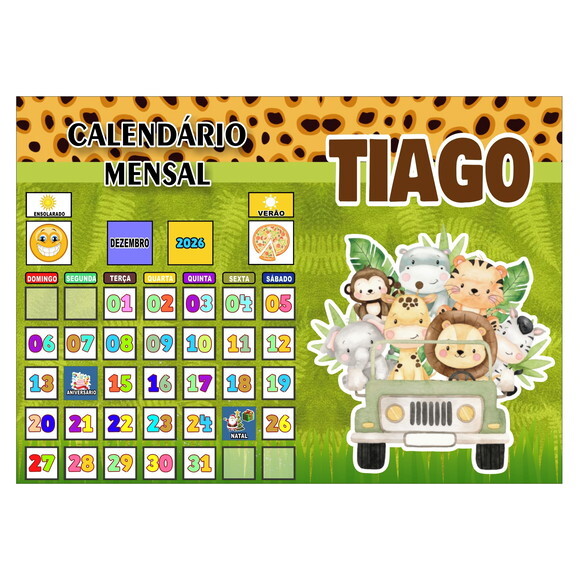 Calendário Montado Magnético Infantil Personalizado - Safari