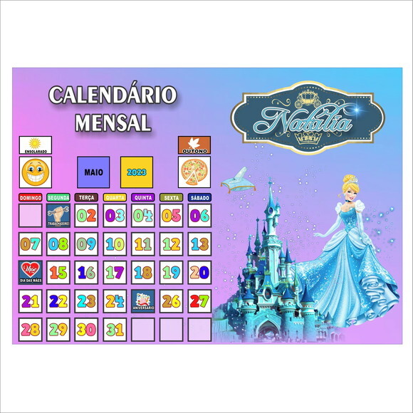 Calendário Montado Magnético Infantil Pessoal - Cinderela