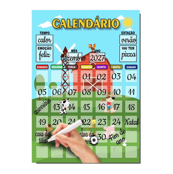 Calendário Organizador Educativo + Caneta Imã Fazendinha