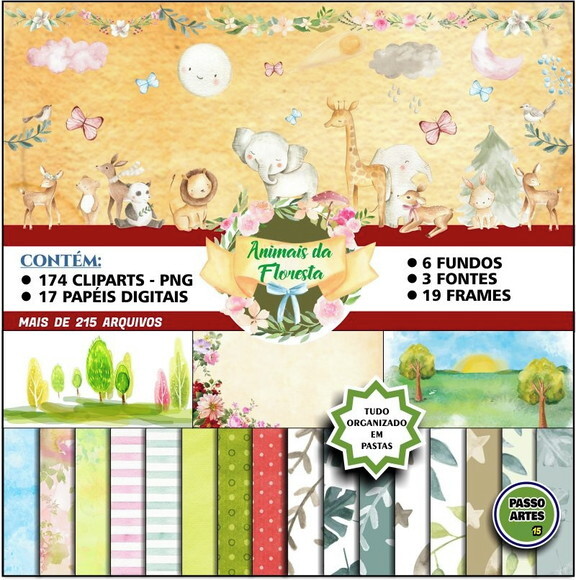 Kit Digital Scrapbook ANIMAIS DA FLORESTA AQUARELA