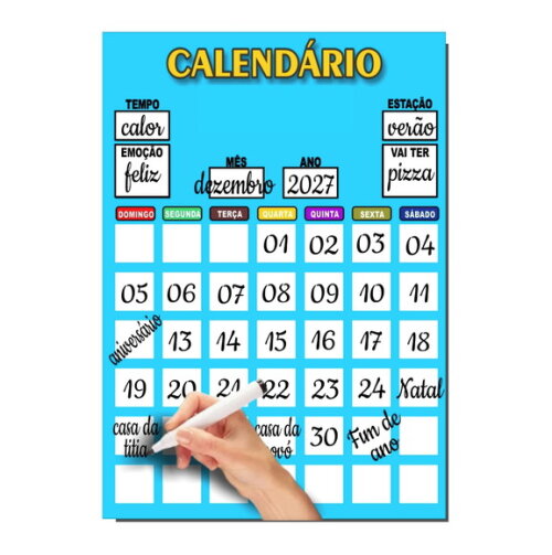 Calendário Lousa Organizador Educativo + Caneta Imã - Azul