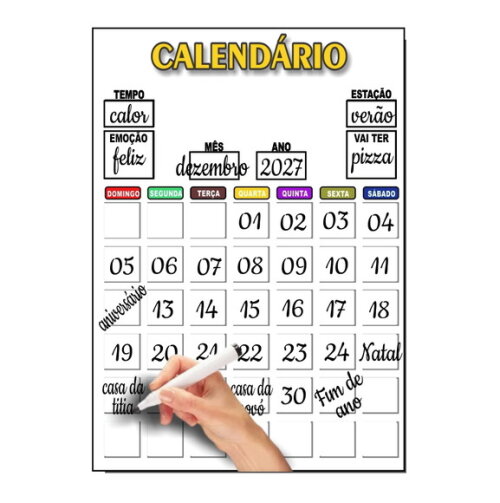 Calendário Lousa Organizador Educativo + Caneta Imã - Branco
