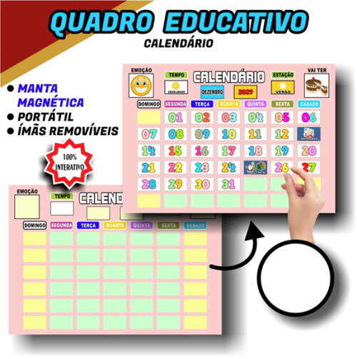 Calendário Magnético Educativo + de 70 Tags - Rosa Claro