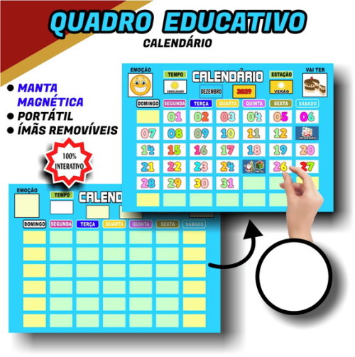 Calendário Magnético Educativo + de 70 Tags Azul Claro