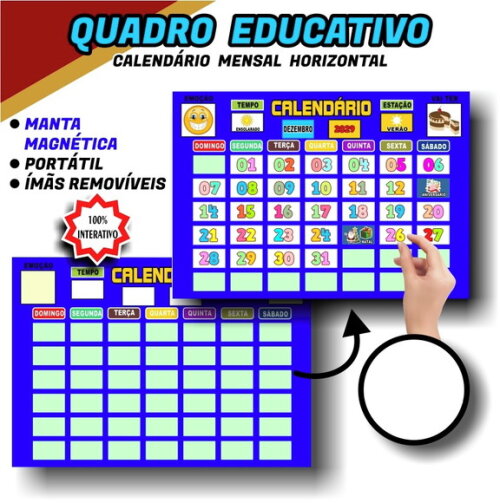 Calendário Magnético Educativo + de 70 Tags Azul Royal