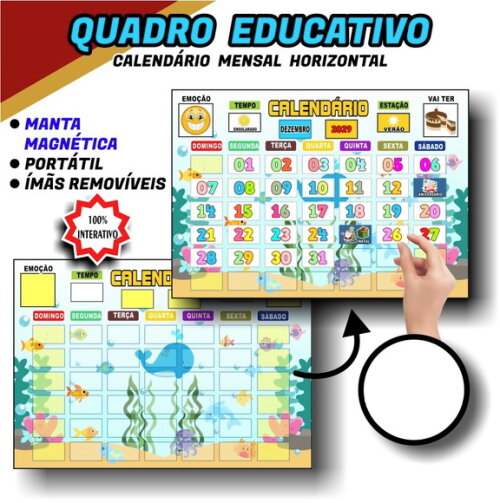 Calendário Magnético Educativo + de 70 Tags Fundo do Mar