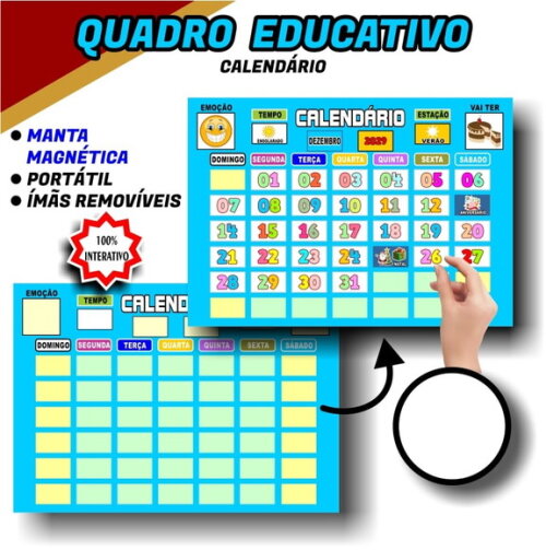 Calendário Magnético Educativo A3 + de 70 Tags - Azul Claro