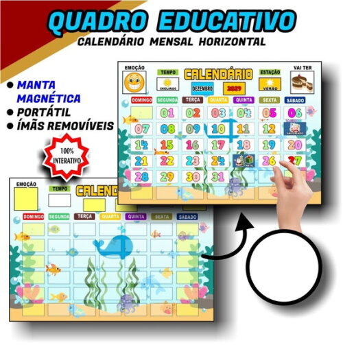Calendário Magnético Educativo A3 + de 70 Tags Fundo do Mar