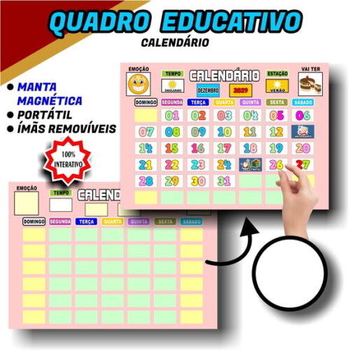 Calendário Magnético Educativo A3 mdf + Tags - Rosa Claro