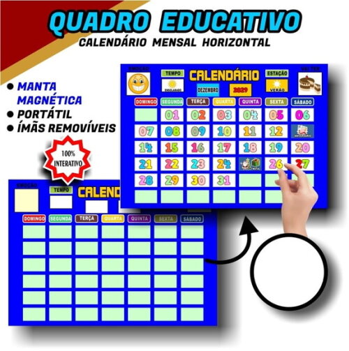 Calendário Magnético Educativo A3 Pvc + Tags - Azul Royal