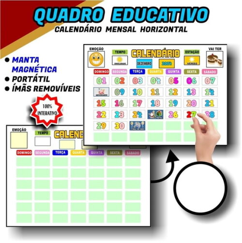 Calendário Magnético Educativo A3 Pvc + Tags - Branco