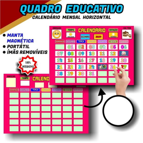 Calendário Magnético Educativo A3 Pvc + Tags - Rosa Pink