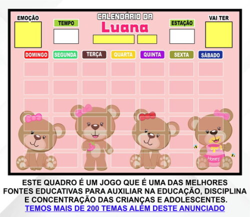 Calendário Magnético Montado Personalizado - Ursinha Rosa