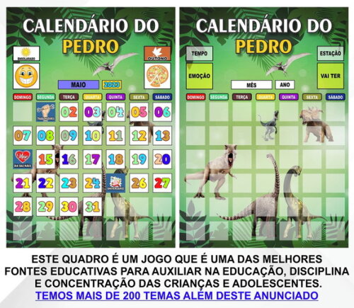 Calendário Magnético Personalizado Dinossauros c/ Tags