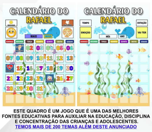 Calendário Magnético Personalizado Fundo do Mar c/ Tags