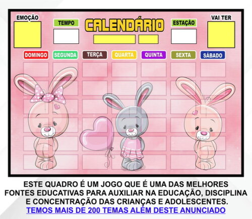 Calendário Montado Magnético Infantil - Coelhinhos Cute