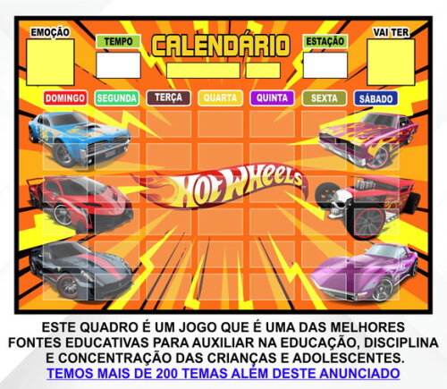 Calendário Montado Magnético Infantil - Hotwheels