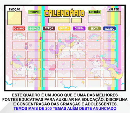 Calendário Montado Magnético Infantil - Unicórnio Rosa