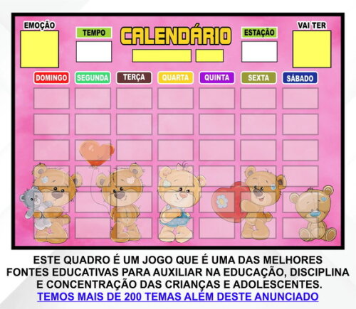 Calendário Montado Magnético Infantil - Ursinhos Dengosos