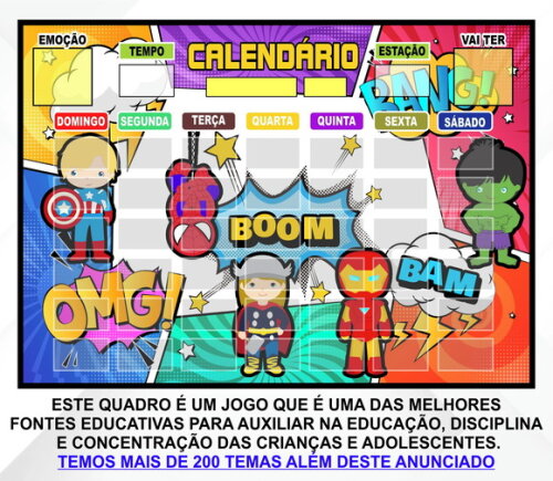 Calendário Montado Magnético Infantil - Vingadores Cute 2