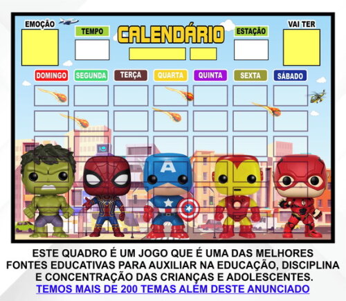 Calendário Montado Magnético Infantil - Vingadores Cute 3