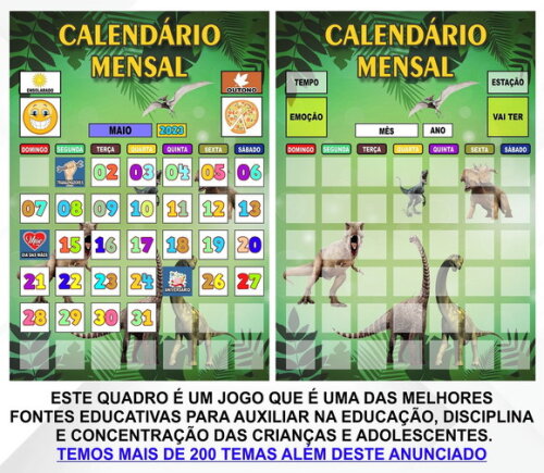Calendário Montado Magnético Infantil Dinossauros + Tags