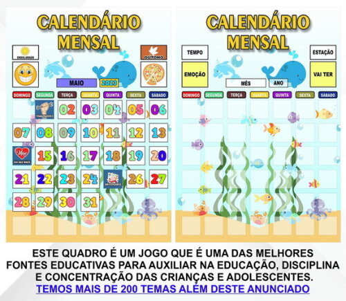 Calendário Montado Magnético Infantil Fundo do Mar + Tags