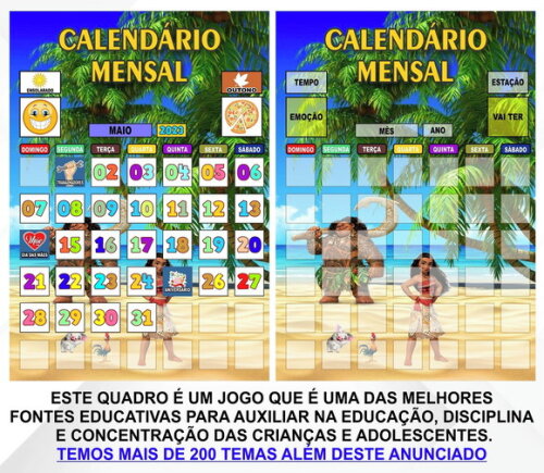 Calendário Montado Magnético Infantil Moana + Tags