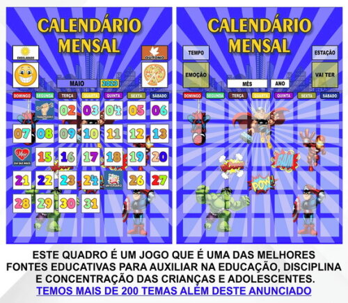 Calendário Montado Magnético Infantil Vingadores Baby + Tags