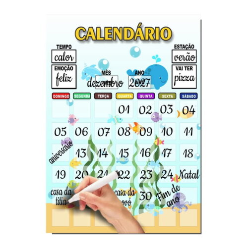 Calendário Organizador Educativo + Caneta Imã - Fundo do Mar