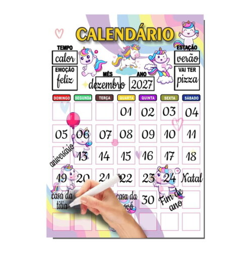 Calendário Organizador Educativo + Caneta Imã - Unicórnio