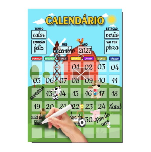 Calendário Organizador Educativo + Caneta Imã Fazendinha