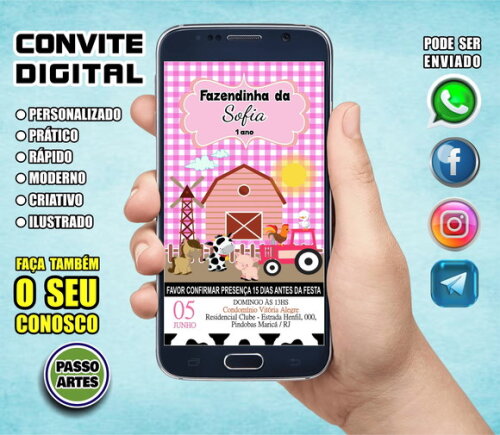 Convite Digital Personalizado - Fazendinha Rosa Xadrex
