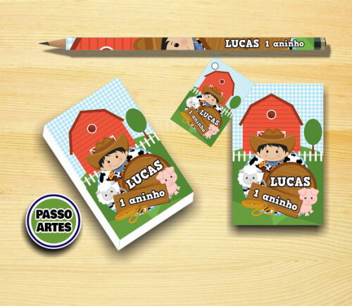 Kit Bloquinho 50 Fls + Lápis + Tag Festa - Fazendinha Menino