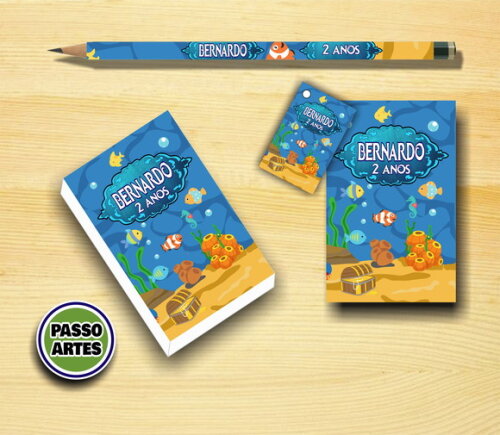 Kit Bloquinho 50 Fls + Lápis + Tag Festa - Fundo do Mar