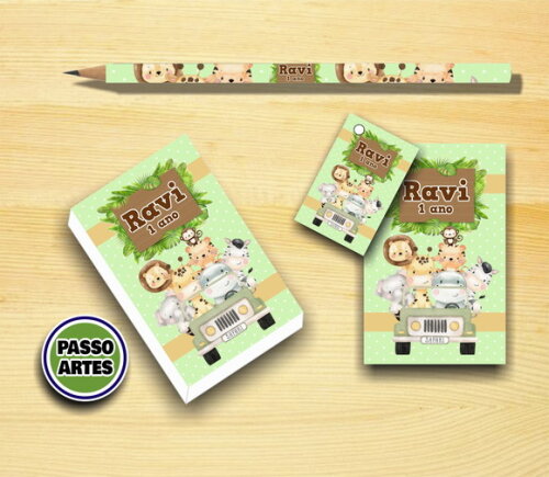 Kit Bloquinho 50 Fls + Lápis + Tag Festa - Safari Aquarela