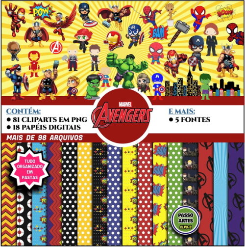 Kit Digital Cliparts, Papéis VINGADORES CUTE mais brindes