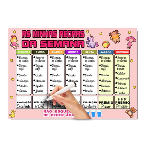 Quadro Educativo as Minhas Regras da Semana + Caneta - Rosa