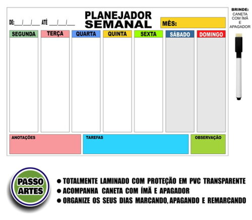 Quadro Magnético Planejador Semanal + Brinde Modelo 7