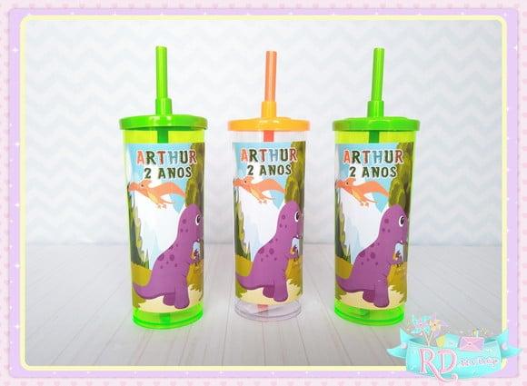Copo Long Drink com Tampa Dinossauro Cute