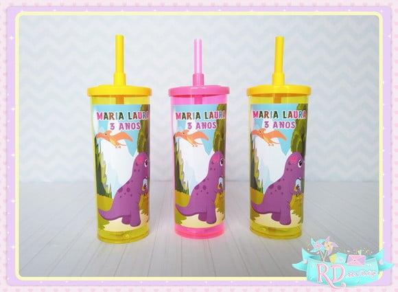 Copo Long Drink com Tampa Dinossauro Rosa Cute