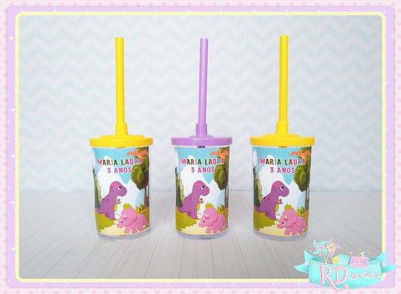 Copo Short Drink com Tampa Dinossauro Rosa Cute