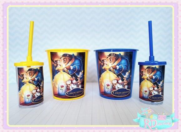 Kit Baldinho e Copo Short Drink A Bela e a Fera