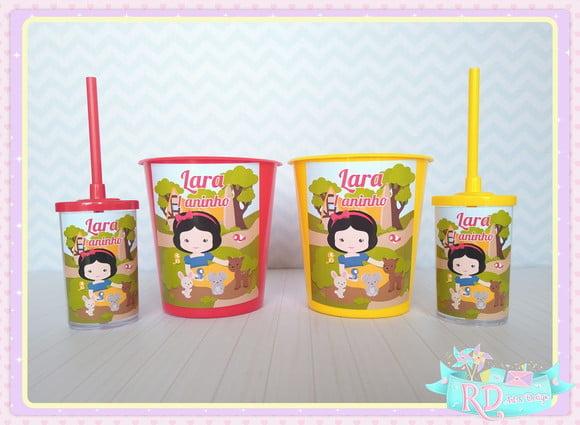 Kit Baldinho e Copo Short Drink Branca de Neve Cute