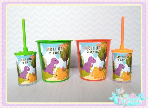Kit Baldinho e Copo Short Drink Dinossauro Cute