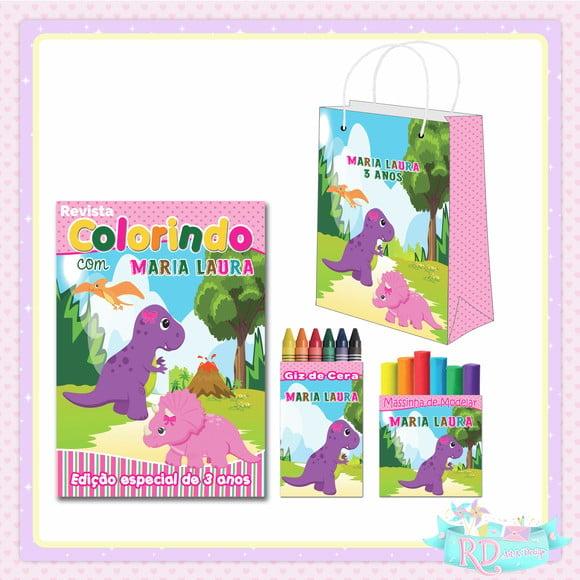 Kit Colorir com Massinha e Sacolinha Dinossauro Rosa Cute