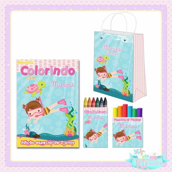 Kit Colorir com massinha e Sacolinha Fundo do Mar Rosa