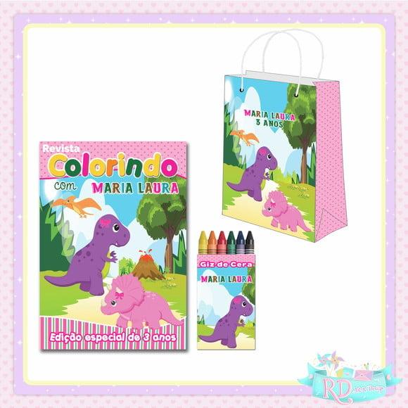 Kit Colorir com Sacolinha Dinossauro Rosa Cute
