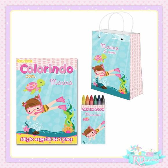 Kit Colorir com Sacolinha Fundo do Mar Rosa